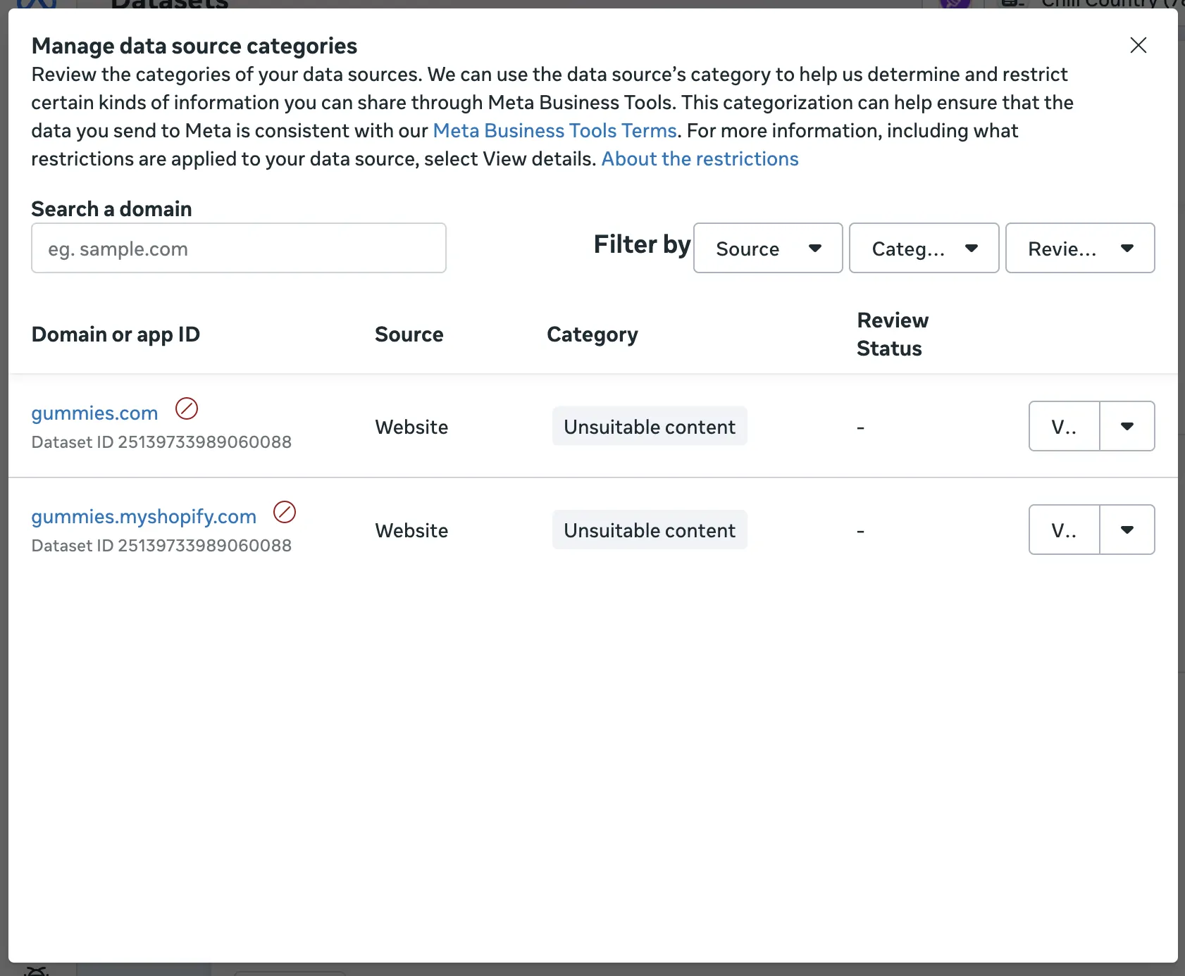 Events Manager screenshot showing domains categorized as unsuitable content