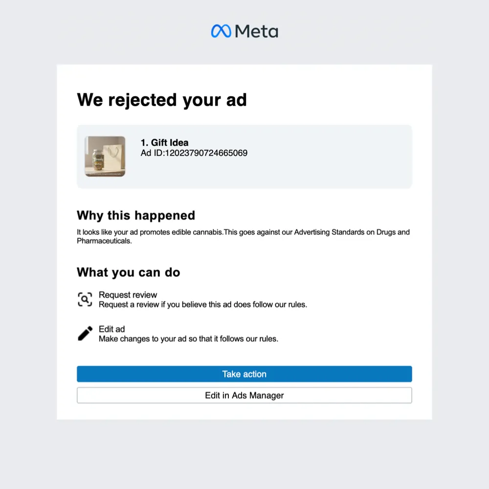 Example ad rejection notice from Meta